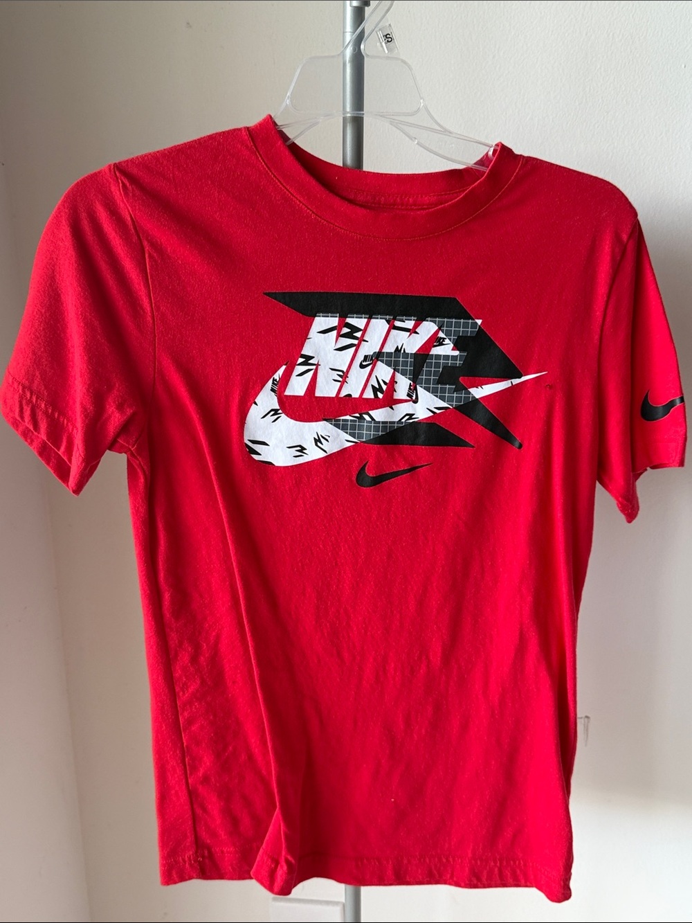 Nike Red Short Sleeve Tee with Black & White Graphic Swoosh